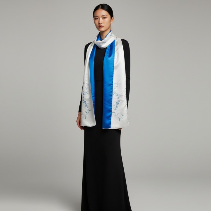 Khăn lụa 2 mặt xanh thêu hoa lá 25*200 cm- Mẫu 6